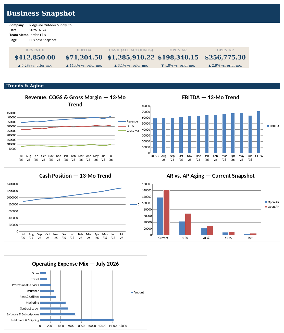 Sample monthly Business Snapshot report showing revenue, EBITDA, cash position, and AR/AP aging trend charts